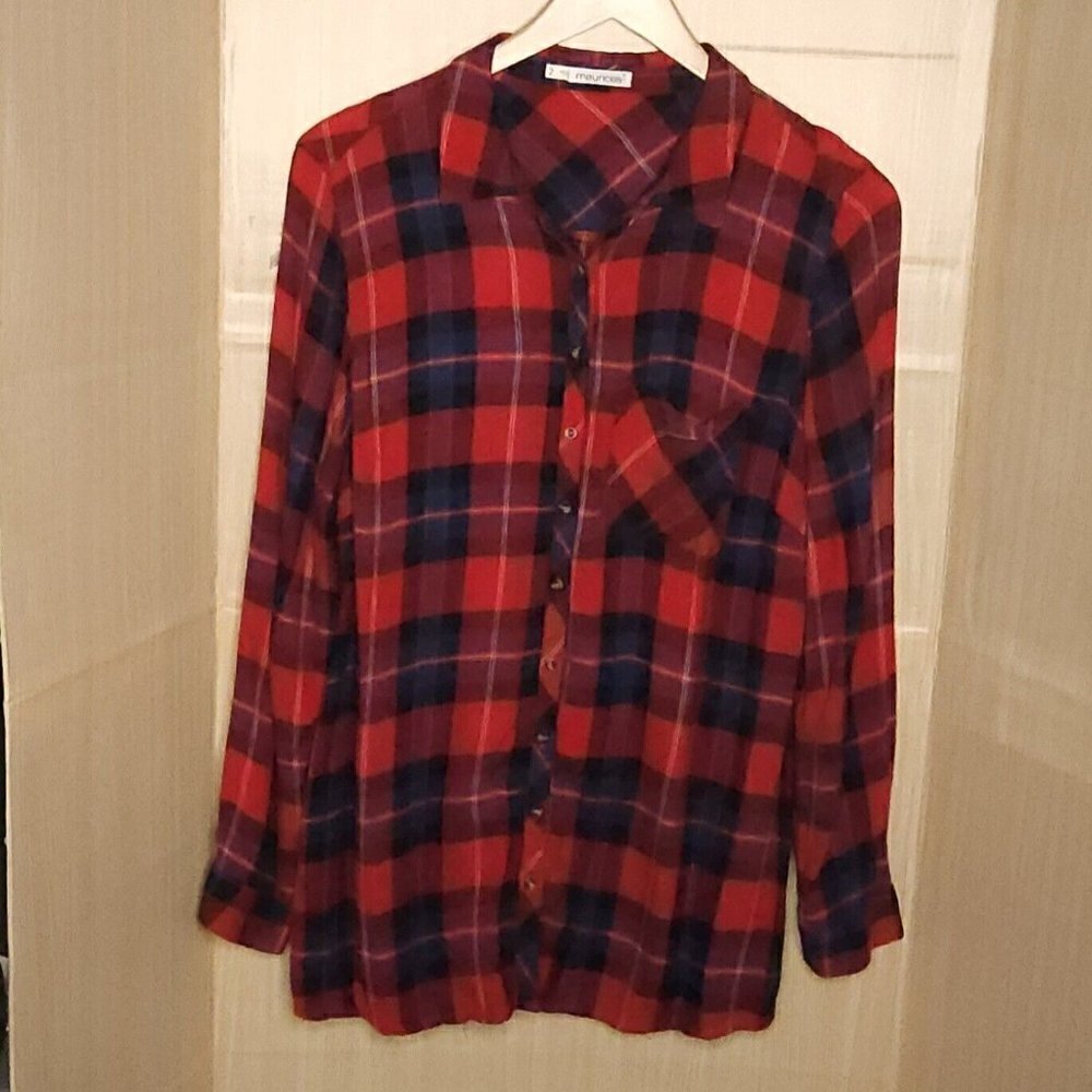 Maurices Womens Plus Red Plaid Flowy Button Down Top 2X